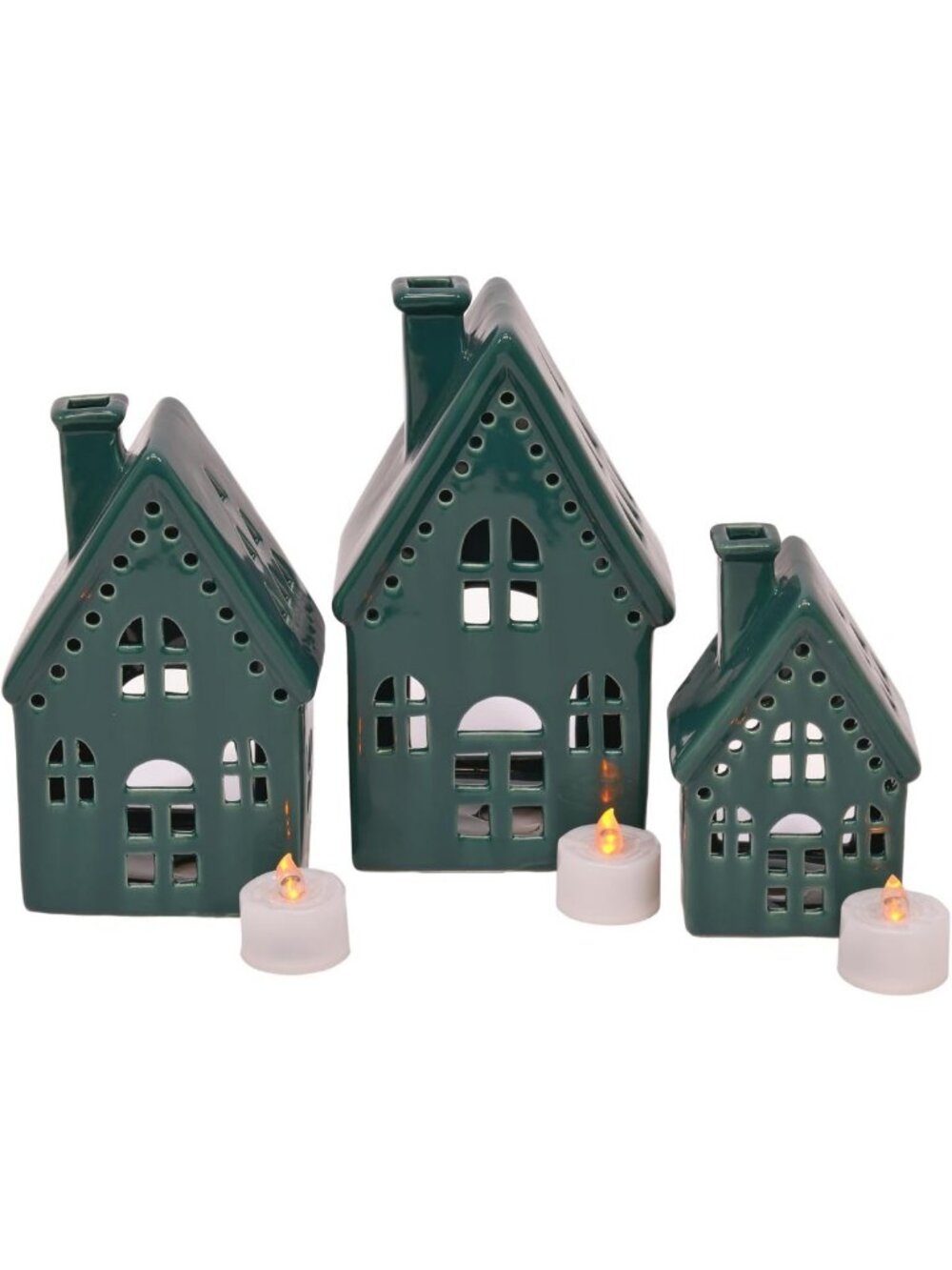 Set of 3 Deep Green Porcelain Tea Light Village Houses - Charming Home Decor